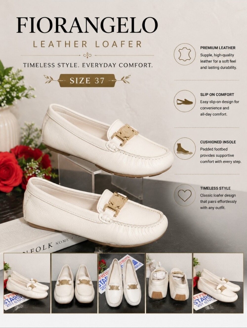 FIORANGELO Leather 37 Slip On Loafer White